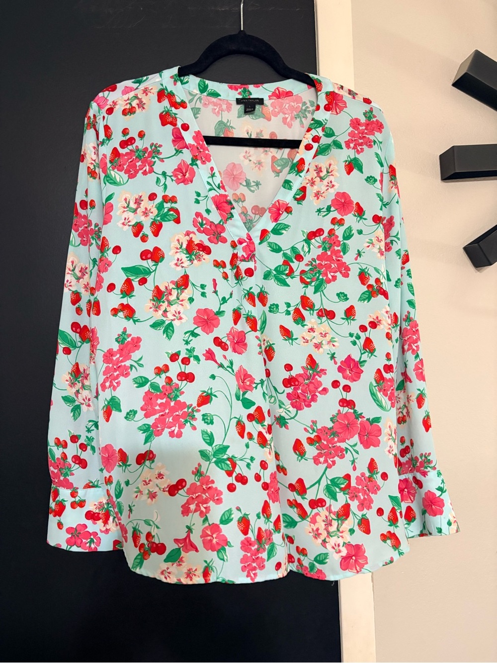 Ann Taylor Floral V-Neck Long Sleeve Blouse - light blue with red Flowers